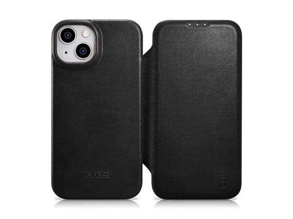 iCarer CE Oil Wax Premium Leather Folio Case iPhone 14 Plus Leather Flip Case Magnetic MagSafe Black (AKI14220707-BK)