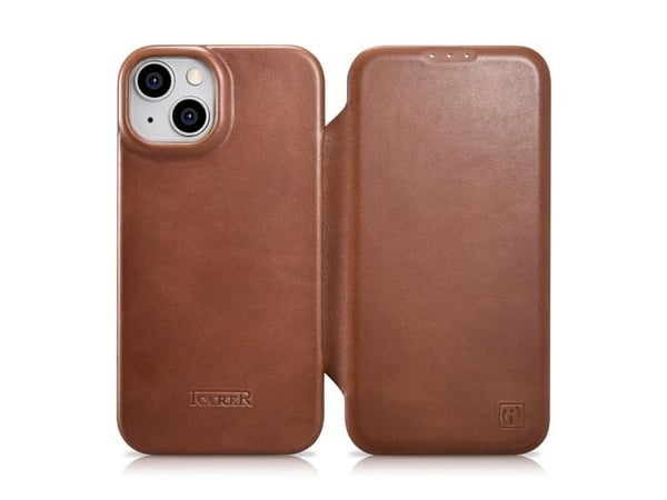 iCarer CE Oil Wax premium lær folioetui til iPhone 14 Plus magnetisk flipdeksel MagSafe - brun (AKI14220707-BN)