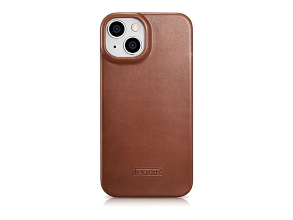 iCarer CE Oil Wax premium lær folioetui til iPhone 14 Plus magnetisk flipdeksel MagSafe - brun (AKI14220707-BN)