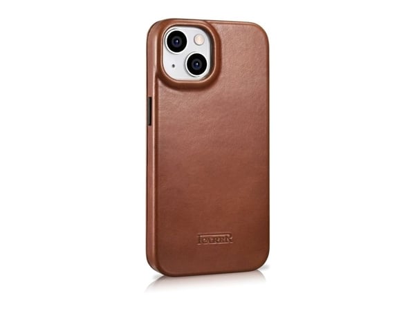 iCarer CE Oil Wax premium lær folioetui til iPhone 14 Plus magnetisk flipdeksel MagSafe - brun (AKI14220707-BN)