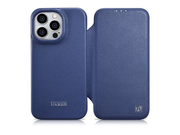 iCarer CE premium lær-etui med magnetisk flip for iPhone 14 Pro MagSafe - blå (WMI14220714-BU)