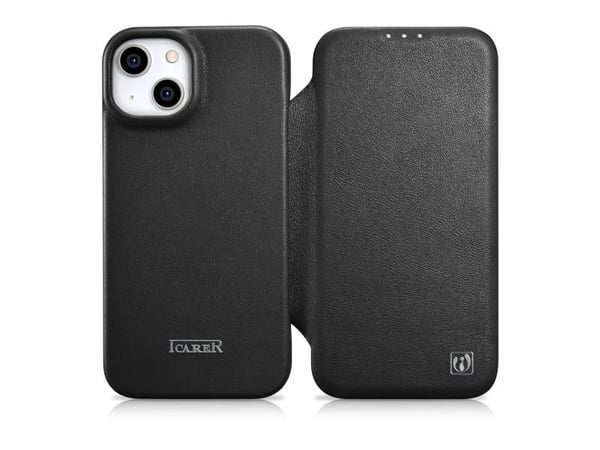 iCarer CE premium lær folioetui til iPhone 14 Plus (magnetisk, MagSafe) sort (WMI14220715-BK)