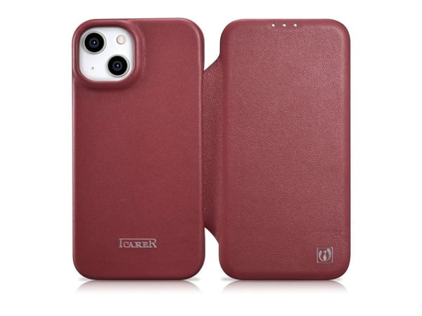 iCarer CE premium lærveske til iPhone 14 Plus magnetisk flip MagSafe - rød (WMI14220715-RD)