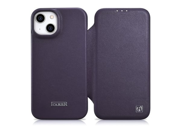 iCarer CE premium lærveske folio til iPhone 14 Plus magnetisk flip MagSafe mørk lilla (WMI14220715-DP)