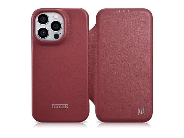 iCarer CE Premium lær folio-deksel til iPhone 14 Pro Max magnetisk flipcover MagSafe - rød (WMI14220716-RD)