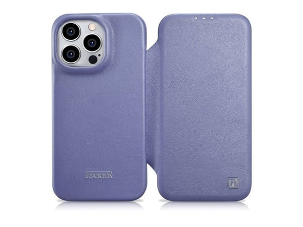 iCarer CE Premium Leather Folio Case iPhone 14 Pro Max Lærveske med Flip Magnetic MagSafe lys lilla (WMI14220716-LP)