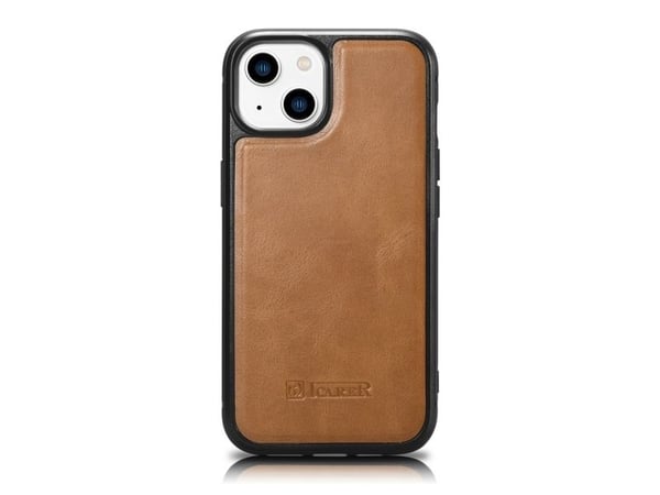 iCarer Leather Oil Wax-deksel dekket med naturlig skinn for iPhone 14 Plus brun (WMI14220719-TN)