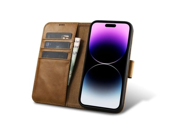 iCarer Oil Wax Wallet Case 2-i-1 deksel til iPhone 14 Pro - anti-RFID lær flipetui, brun (WMI14220722-TN)