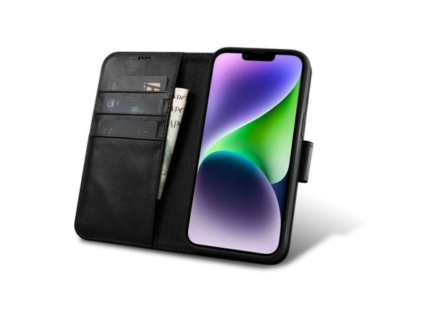 iCarer Oil Wax Lommebokveske 2-i-1 iPhone 14 Plus-deksel Leather Flip Anti-RFID Svart (WMI14220723-BK)