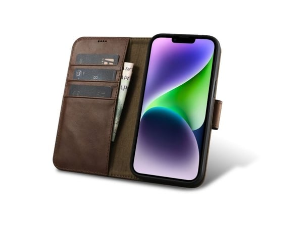 iCarer Oil Wax Lommebokveske 2-i-1 iPhone 14 Plus-deksel Lær Flip Cover Anti-RFID Brun (WMI14220723-BN)