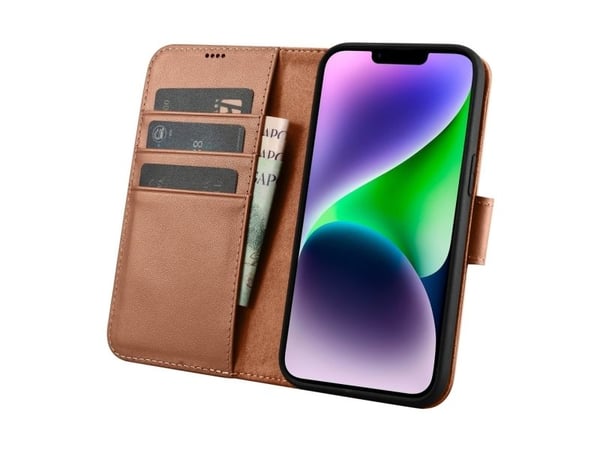 iCarer Wallet Case 2-i-1 deksel til iPhone 14 Plus anti-RFID lær flipdeksel - brun (WMI14220727-BN)
