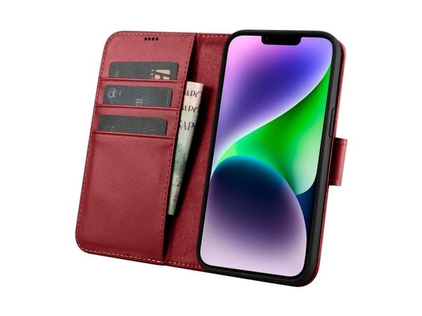 iCarer Wallet Case 2-i-1-deksel iPhone 14 Plus anti-RFID lær flipdeksel rød (WMI14220727-RD)
