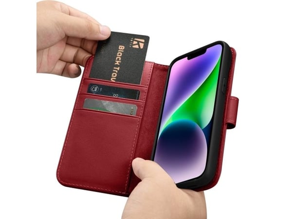 iCarer Plånboksfodral 2in1 iPhone 14 Plus läderfodral med Anti-RFID-flik röd (WMI14220727-RD)