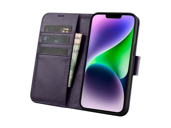 iCarer wallet case 2-i-1 deksel til iPhone 14 Plus anti-RFID i skinn, flip-telefonetui - mørk lilla (WMI14220727-DP)