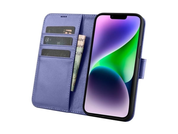 iCarer Lommebokveske 2-i-1 iPhone 14 Plus-deksel Skinnflipdeksel Anti-RFID lys lilla (WMI14220727-LP)