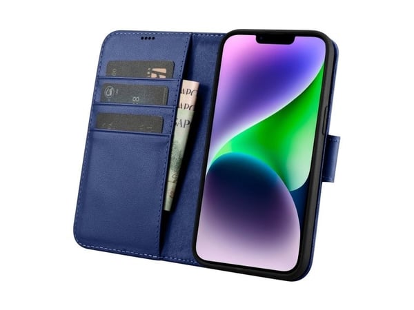 iCarer lommebokdeksel 2-i-1 for iPhone 14 Plus anti-RFID lær flipdeksel - blå (WMI14220727-BU)