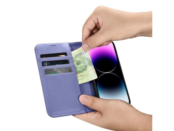 iCarer Wallet Case 2-i-1 fodral iPhone 14 Pro Max i läder flipcover anti-RFID ljuslila (WMI14220728-LP)