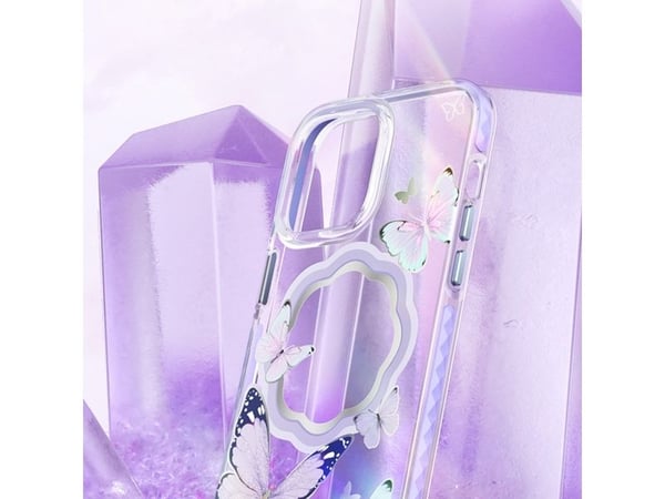 Kingxbar Butterfly Series magnetisk deksel for iPhone 14 Plus MagSafe - sommerfugler rosa