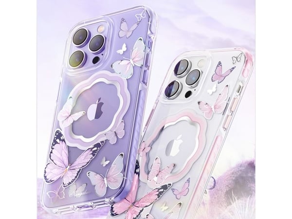 Kingxbar Butterfly Series magnetisk deksel for iPhone 14 Plus MagSafe - sommerfugler rosa