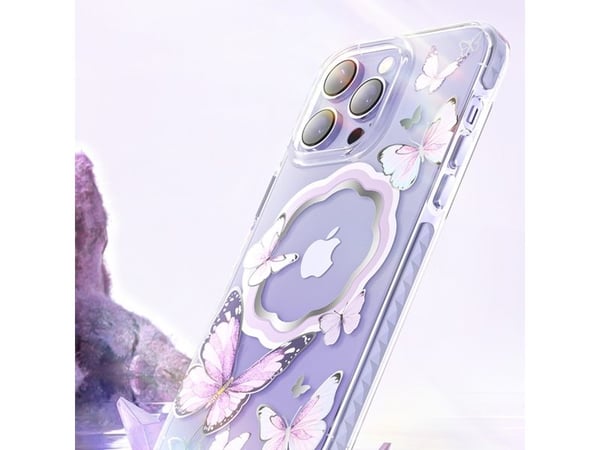 Kingxbar Butterfly Series magnetisk deksel for iPhone 14 Plus MagSafe - sommerfugler rosa
