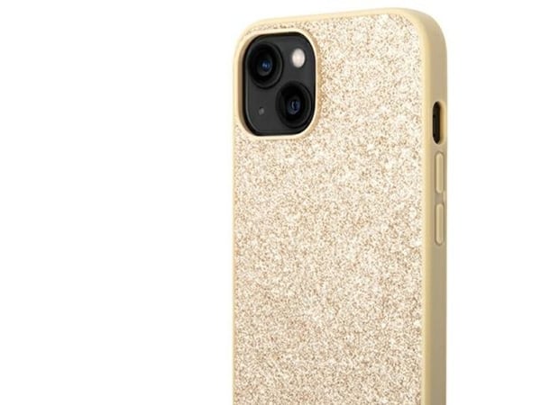 Guess Glitter Script kotelo iPhone 14 Plus - kultainen