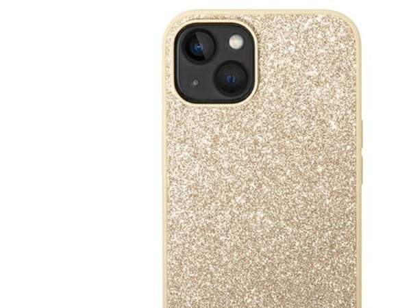 Guess Glitter Script kotelo iPhone 14 Plus - kultainen