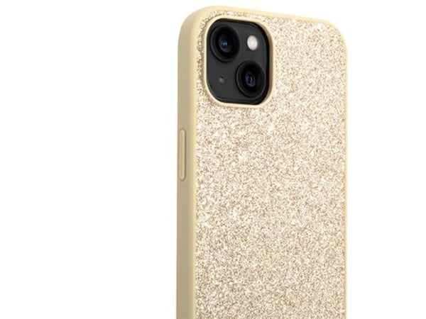 Guess Glitter Script kotelo iPhone 14 Plus - kultainen