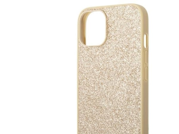 Guess Glitter Script kotelo iPhone 14 Plus - kultainen