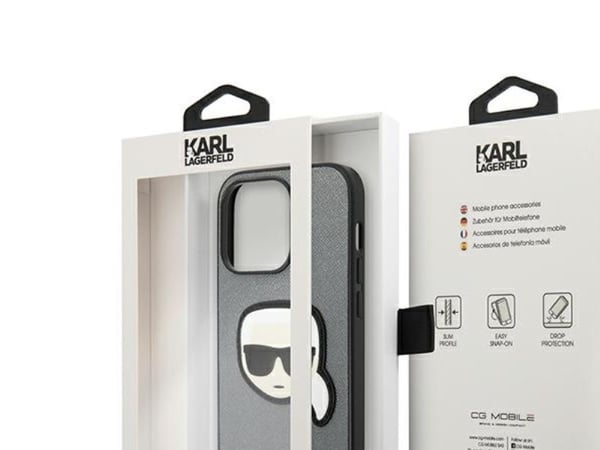 Karl Lagerfeld Saffiano Karl’s Head patch-skal till iPhone 14 Pro - silver
