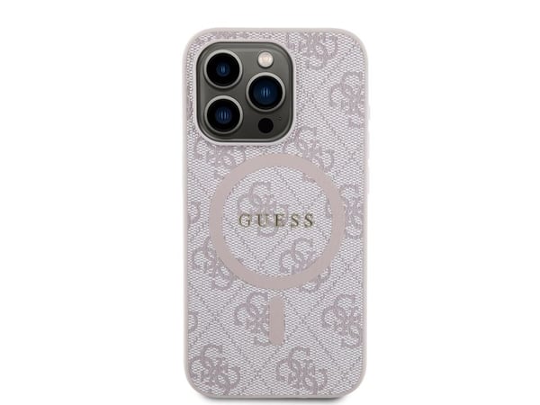 Originalt GUESS GUHMP15XG4GFRP frontpaneldeksel for iPhone 15 Pro Max (kompatibel med Magsafe / 4G Ring Classic Logo / Rosa)