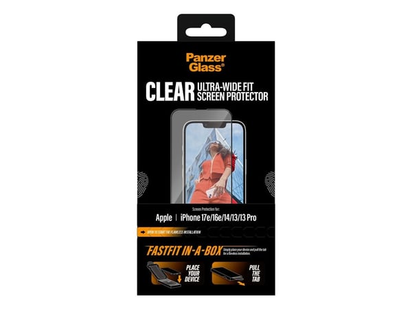 PanzerGlass - Skjermbeskyttelse for mobiltelefon - ultra-bred passform med FASTFIT IN-A-BOX - glass - rammefarge svart - for Apple iPhone 13, 13 Pr...