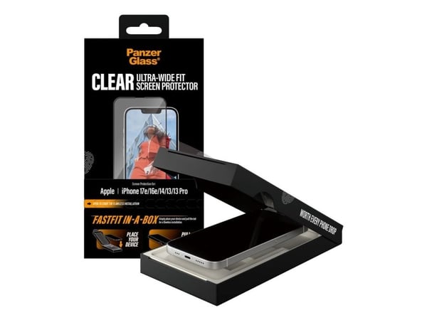 PanzerGlass - Skjermbeskyttelse for mobiltelefon - ultra-bred passform med FASTFIT IN-A-BOX - glass - rammefarge svart - for Apple iPhone 13, 13 Pr...