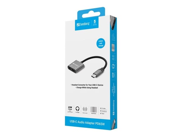 Sandberg - USB-C til hodetelefonjakk / ladeadapter - 24 pin USB-C hann til 24 pin USB-C, minijakk hunn - USB Power Delivery (65 W)