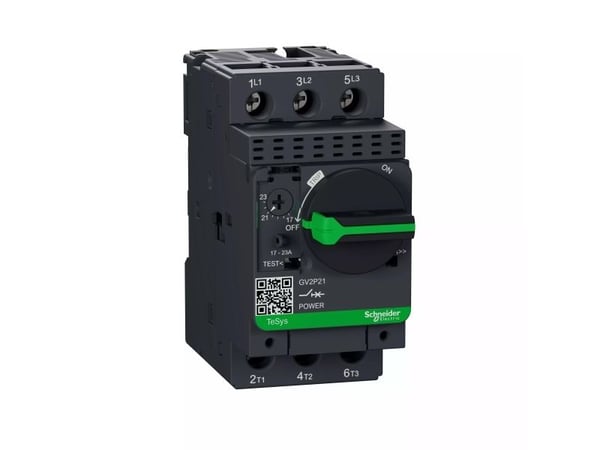 SCHNEIDER ELECTRIC Käsikäyttöinen moottorinsuoja TypeGV2-P 3-napainen asetusalue 17-23A 400VAC:n jännitteellä Ruuviliitin Korkea oikosulkutaso Kier...