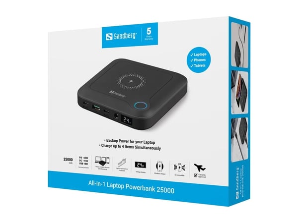Sandberg - Strømbank - all-in-one - 25000 mAh - 91.2 Wh - 91 watt - 6.7 A - PD - 4 utgangskontakter (power DC jack, 2 x USB-C, USB)