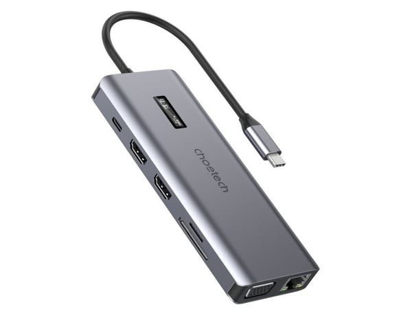Choetech multihubb med display 12in1 USB-C till USB-C/USB-A/HDMI/VGA/AUX/SD/TF grå (HUB-M26)