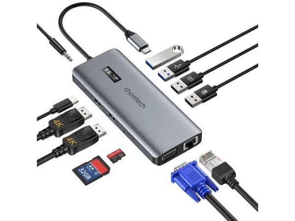 Choetech multihubb med display 12in1 USB-C till USB-C/USB-A/HDMI/VGA/AUX/SD/TF grå (HUB-M26)