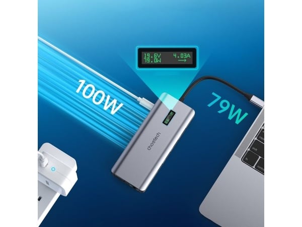 Choetech multihubb med display 12in1 USB-C till USB-C/USB-A/HDMI/VGA/AUX/SD/TF grå (HUB-M26)