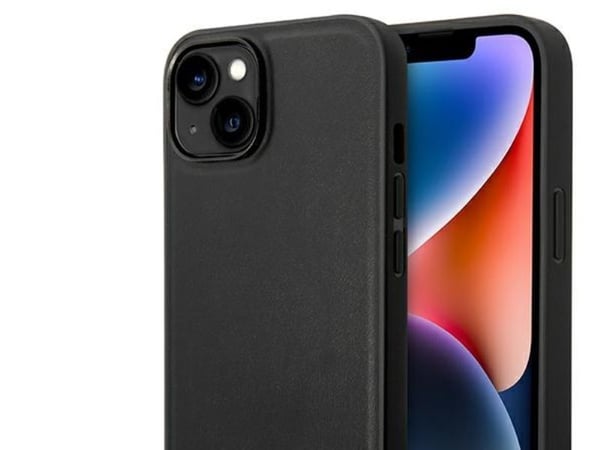 BMW BMHMP14S22PTDK skal till iPhone 14 6,1" svart/svart läder stämplat tricolor med MagSafe