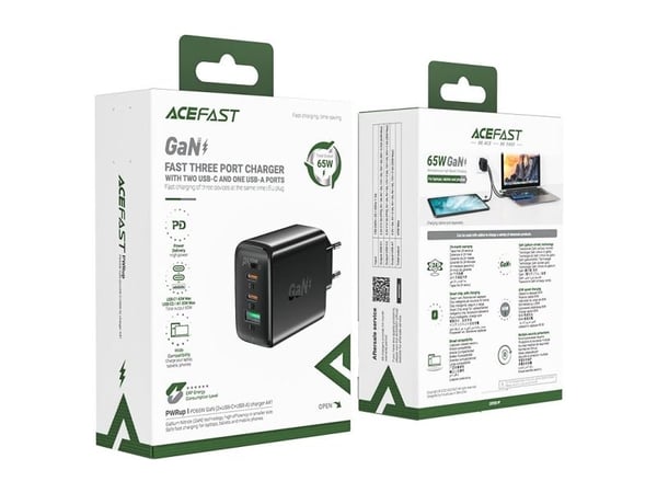Acefast snabbladdare GaN (2x USB-C / USB-A) PPS / PD / QC4+ 65W vit (A41)