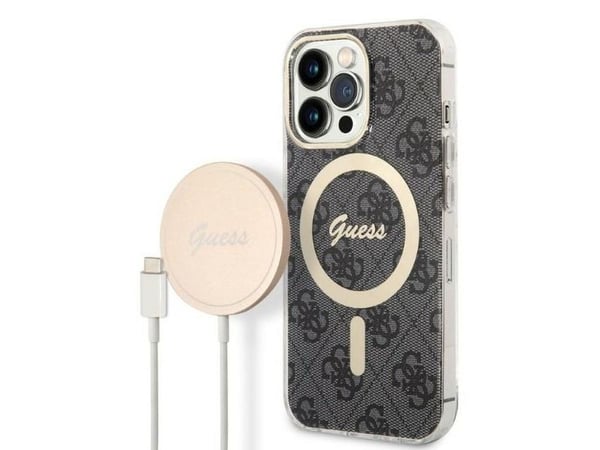 Guess GUBPP13LH4EACSK etui + lader til iPhone 13 Pro - svart/svart hardt etui 4G Print MagSafe