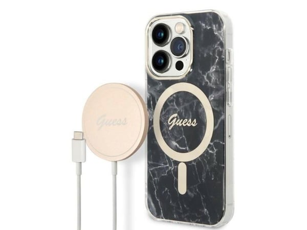 Guess GUBPP14LHMEACSK fodral + laddare iPhone 14 Pro 6,1" svart/svart hårt skal Marble MagSafe
