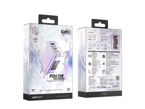 Acefast verkkolaturi Acefast A45, 2x USB-C, 1xUSB-A, 65W PD (violetti)