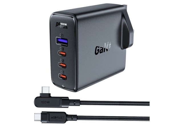 Acefast A40 100W hurtiglader GaN UK: 3x USB-C + 1x USB-A - svart
