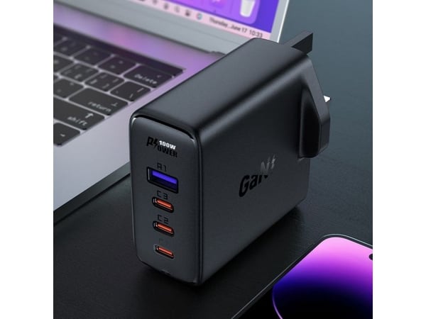 Acefast A40 100W hurtiglader GaN UK: 3x USB-C + 1x USB-A - svart