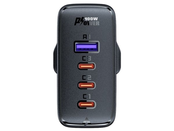 Acefast A40 100W hurtiglader GaN UK: 3x USB-C + 1x USB-A - svart