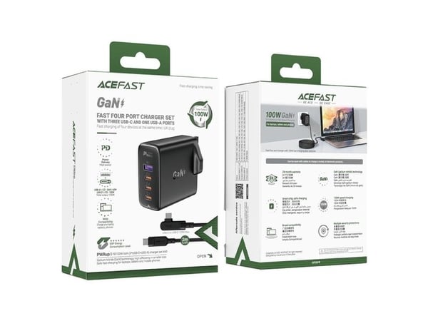 Acefast A40 100W hurtiglader GaN UK: 3x USB-C + 1x USB-A - svart