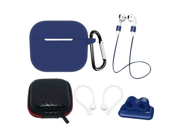 AirPods 3 silikonetui-sett + etui/øre-krok/halsrem/holder til stropp/karabinkrok - blå