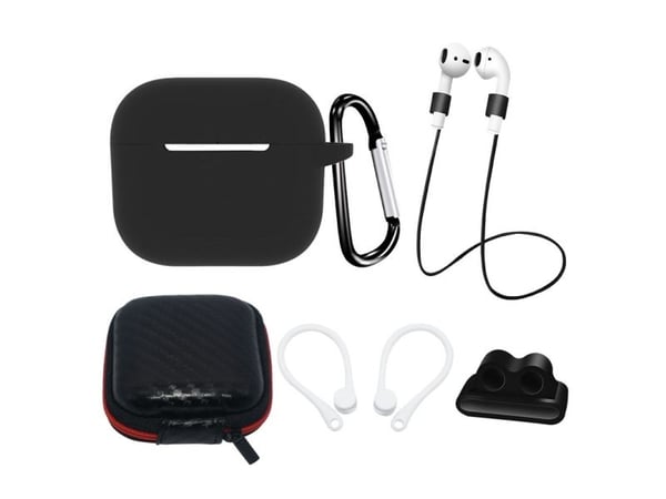 AirPods 3 silikonveskesett + etui/øre-krok/halsreim/klokkerem-holder/karabinkrok - svart