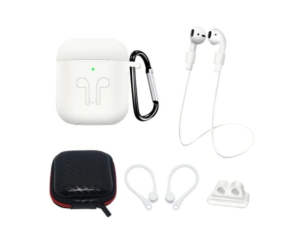 Silikonetui-sett til AirPods 2 / AirPods 1 + etui / ørekrok / nakkestropp / holder til klokkerem / karabinkrok - hvit